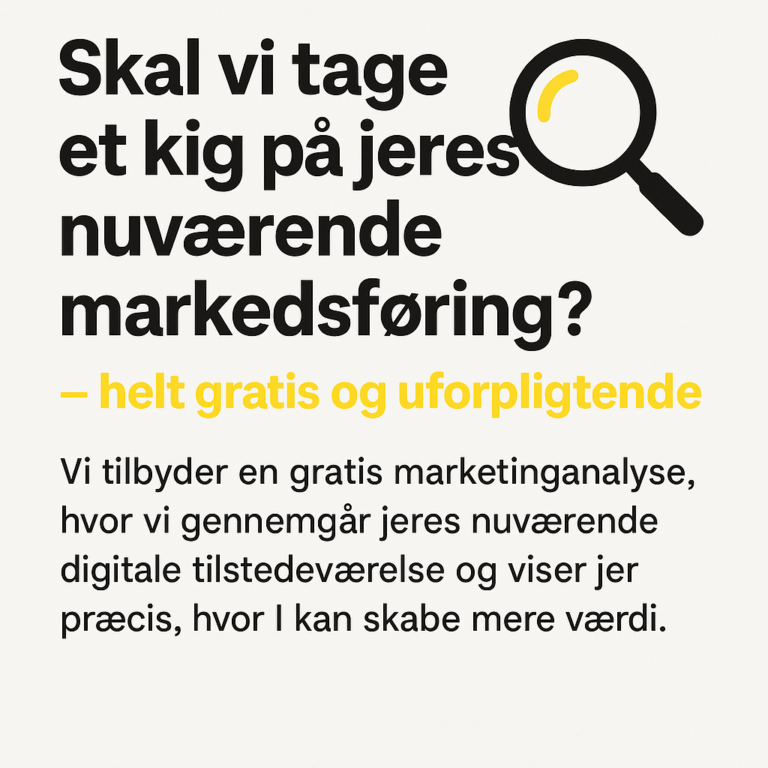 Grafisk reklamebillede fra Dinmarketingshjælper.dk med tilbud om gratis marketinganalyse, der fokuserer på virksomheders digitale markedsføring og muligheder for værdiskabelse.